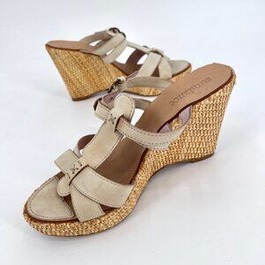 Sundance‎ Cream Straw Wedge Strappy Side Sandals Double Buckle Size 41